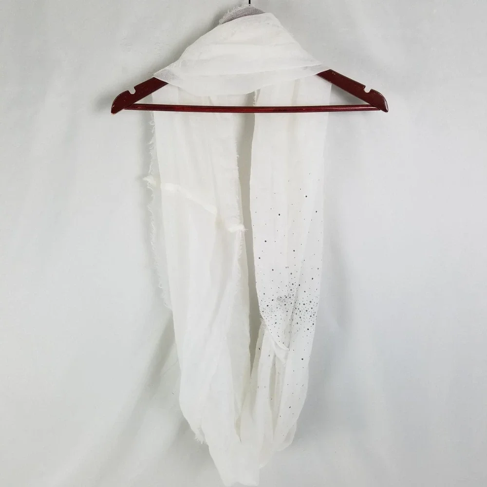 Womens Sheer White Sparkle Dot Infinity Loop‎ Scarf Fringed Edges Lightweight
